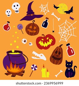  Set of Halloween icons with pumpkins, skulls, bats, and other elements. Hand-drawn set. Flat vector illustration.