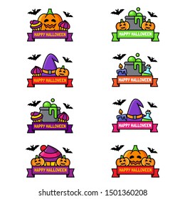 Set of Halloween icons with ribbon and text for sale promotion. Vector illustration