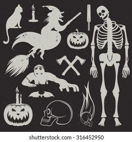 Set Halloween icons, sign and symbols pumpkin, bat, witch, skeleton, skull, cat, candle and others stylized drawing in vintage style