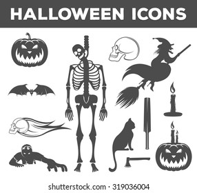 Set Halloween icons, sign and symbols pumpkin, bat, witch, skeleton, skull, cat, candle and others stylized drawing in vintage style