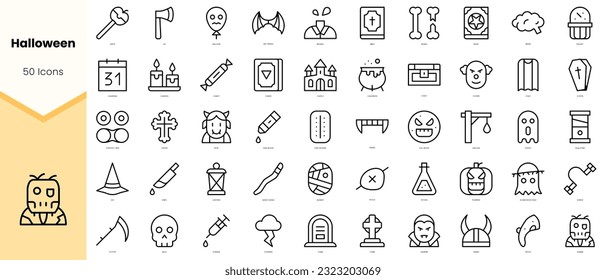 Set of halloween Icons. Simple line art style icons pack. Vector illustration