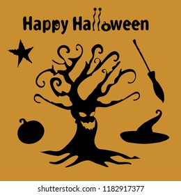 Set halloween icons. sinister tree. Pumpkin. Pointed hat. Broom.