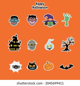 Set of halloween icons sticker include of many monster character such as mummy dracula witch pumpkin and frankenstein. Vector illustration eps10.