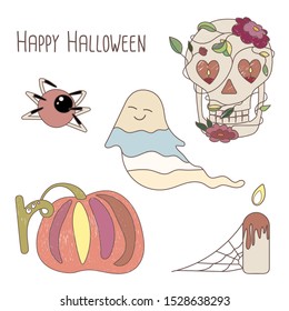 Set of halloween icons. Stickers for celebration. Contain, one- eyed monster, spook, candle with spider web, skull and crazy pumpkin.