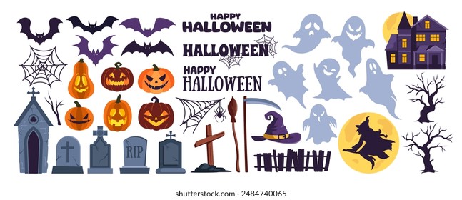 Set of Halloween icons. Stickers with creepy pumpkin, spooky ghosts, witch hat, cobweb, tombstones and bats. Elements for greeting card. Flat vector illustration collection isolated on background