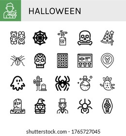 Set of halloween icons. Such as Magician, Gummy bear, Spider web, Poison, Skull, Wizard, Spider, Candy, Haunted house, Widower, Ghost, Grave, Witch, Mummy , halloween icons