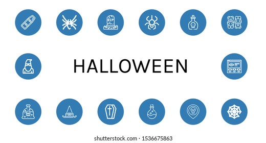 Set of halloween icons. Such as Spinal board, Black widow, Grave, Spider, Poison, Gummy bear, Witch hat, Coffin, Skull, Spider web, Executioner, Candy , halloween icons