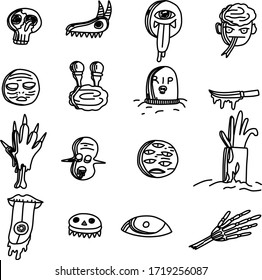 A Set of halloween icons suitable for horror theme content with doodle cartoon style