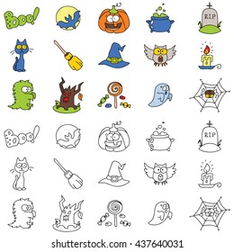 Set of halloween icons. Vector doodle illustration.