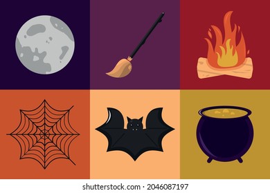 Set of halloween icons, vector illustration. Spooky kids. Moon, spiderweb, bat, bonfire, witch's broom and cauldron.