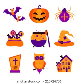 Set of halloween icons. Vector illustration, flat style
