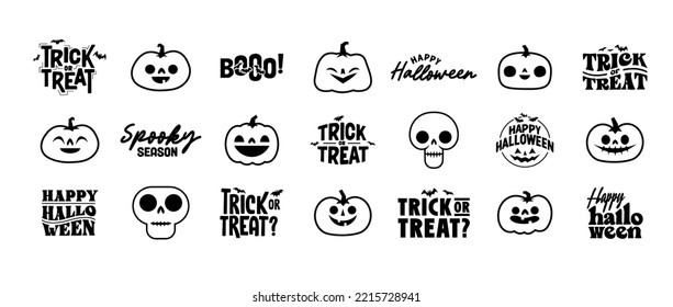 Conjunto de iconos de Halloween. Ilustración vectorial. Calabazas talladas, calaveras y murciélagos. Truco o trato el diseño espeluznante.
