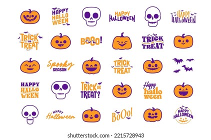 Set of Halloween icons. Vector illustration. Carved pumpkins, skulls and bats. Trick or treat spooky design.