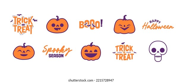 Set of Halloween icons. Vector illustration. Carved pumpkins, skulls and bats. Trick or treat spooky design.