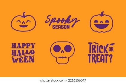 Set of Halloween icons. Vector illustration. Carved pumpkins, skulls and bats. Trick or treat spooky design.