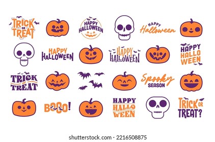 Set of Halloween icons. Vector illustration. Carved pumpkins, skulls and bats. Trick or treat spooky design.