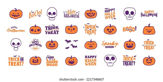 Set of Halloween icons. Vector illustration. Carved pumpkins, skulls and bats. Trick or treat spooky design.