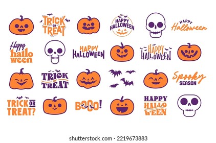 Set of Halloween icons. Vector illustration. Carved pumpkins, skulls and bats. Trick or treat spooky design.