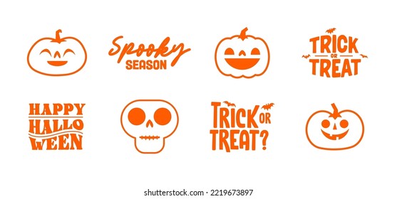 Set of Halloween icons. Vector illustration. Carved pumpkins, skulls and bats. Trick or treat spooky design.