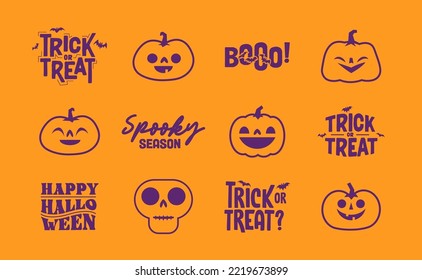 Set of Halloween icons. Vector illustration. Carved pumpkins, skulls and bats. Trick or treat spooky design.