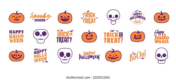 Set of Halloween icons. Vector illustration. Carved pumpkins, skulls and bats. Trick or treat spooky design.