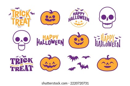 Set of Halloween icons. Vector illustration. Carved pumpkins, skulls and bats. Trick or treat spooky design.