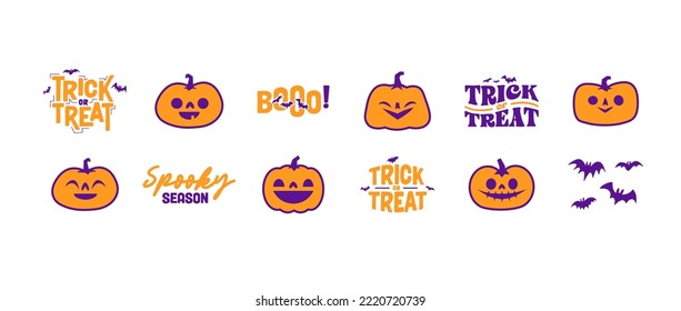 Set of Halloween icons. Vector illustration. Carved pumpkins, skulls and bats. Trick or treat spooky design.