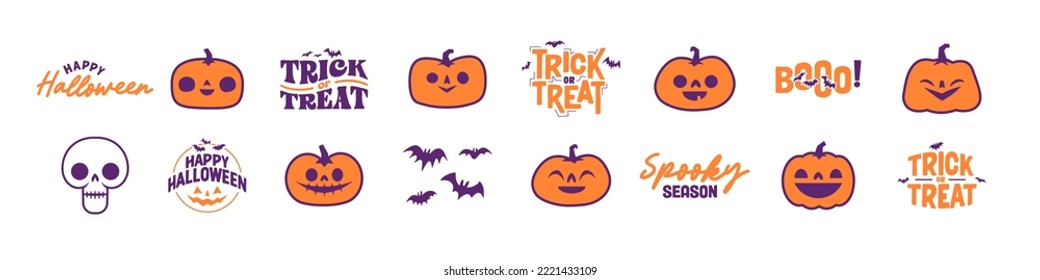 Set of Halloween icons. Vector illustration. Carved pumpkins, skulls and bats. Trick or treat spooky design.