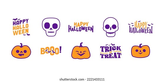 Set of Halloween icons. Vector illustration. Carved pumpkins, skulls and bats. Trick or treat spooky design.