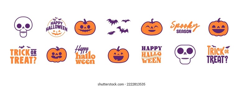 Set of Halloween icons. Vector illustration. Carved pumpkins, skulls and bats. Trick or treat spooky design.