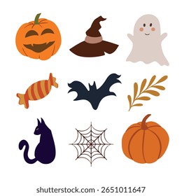 set of halloween icons vector, with monster, pumpkin, bat, leaf and black cat