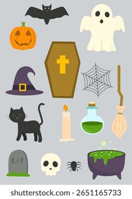 Set of Halloween icons: witch hat, cat, candle, potion, coffin, and more. Great for spooky graphics.
