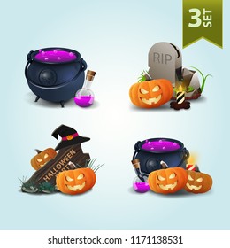 Set of Halloween icons. Witch's pot, tombstone, pumpkins, candles