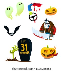 Set of halloween illustration (maniac, pumpkins, rip, grave, ghosts, zombie etc.)