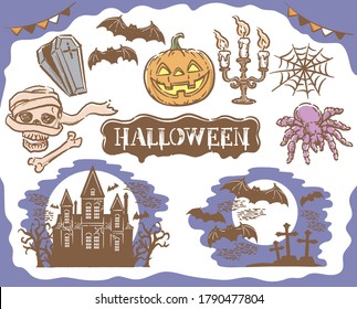 Set of Halloween illustration in retro style. Vector illustraion.