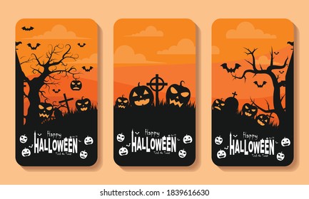 Conjunto de vector de ilustración de halloween sobre fondo de color. Incluye calabaza, árbol, murciélago, etc. Es bueno para fondos web, tarjetas, carteles, tarjetas de felicitación, etc.