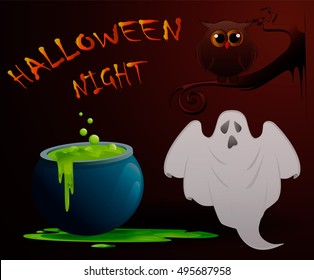 Set of Halloween illustration vector with potion, ghost , owl, branch and calligraphy Night. Greeting card 