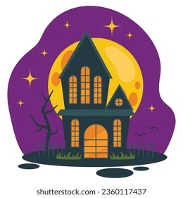 Set of Halloween illustrations. Creepy old house, fence, dry tree. Background with big moon and stars. Vector graphic.