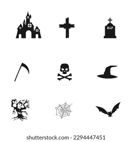 Set with Halloween illustrations and icons. Pumpkin, Ghost, Bat, Grave, Candy, Vampire, Creepy Castle Black Icon for Celebration 31 October. Set of silhouettes of Halloween on a white background.