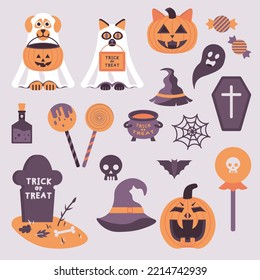 a set of Halloween illustrations, orange scary pumpkins, a cat and a dog in a ghost costume, candies, lollipops and autumn holiday paraphernalia