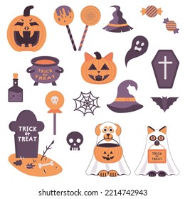 a set of Halloween illustrations, orange scary pumpkins, a cat and a dog in a ghost costume, candies, lollipops and autumn holiday paraphernalia