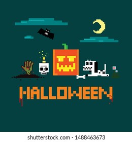 Set Halloween illustrations. Pixel style. Vector. 