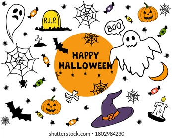 
Set of Halloween illustrations: pumpkin, ghost, bat, spider, cobweb, candle, witch's hat, candy. Doodle collection with holiday decorations. Halloween cards. Vector set with Halloween.Hallowee