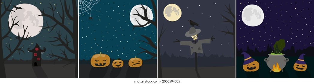 Set of Halloween illustrations. Scary landscapes with bare trees, Halloween Pumpkins, full moon. Mysterious dark collection. Can be used for invitations, greeting cards, posters, web sites, banners.