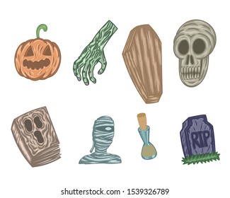 Set of halloween illustrations, sticker, skull, coffin, hand, pumpkin, grave, potion, mummy, and book
