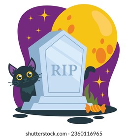 Set of Halloween illustrations. Tombstone, grave, candy, black cat. Background with big moon and stars. Vector graphic.