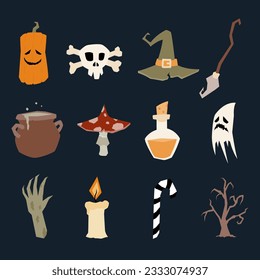 Set of Halloween illustrations. Vector cartoon icons. Isolated. Flat style.