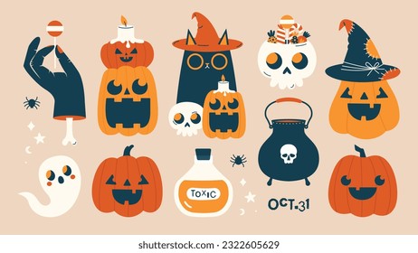 Conjunto de ilustraciones de Halloween. Vector cliparts en estilo moderno plano. Pegatinas de dibujos animados con gato negro con sombrero de bruja, cráneo, calabazas, vela, serpiente, olla, fantasma, mano con hueso, caramelos, murciélago, araña.