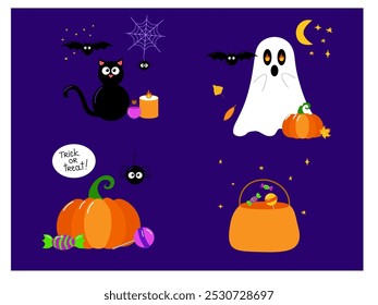 Set von Halloween-Illustrationen, Vektorkomposition aus Kürbis mit Süßigkeiten, schwarze Katze, Grabstein, Geisterfledermaus, Schädel, Kessel. Für Aufkleber, Druck, Scrapbooking
