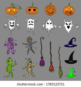 Set of Halloween illustrations. Vector. Isolated objects. Hand-drawn style.